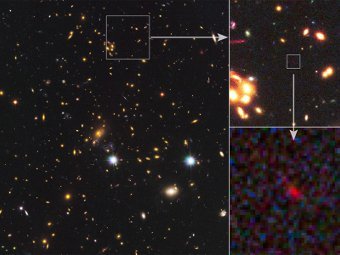 MACS 1149-JD.  NASA/Spitzer/Hubble